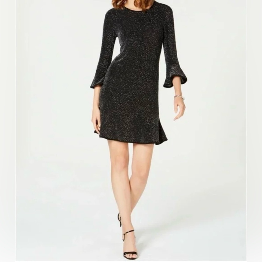 MICHAEL Michael Kors Black Silver Metallic Bell Sleeved Cocktail Dress
